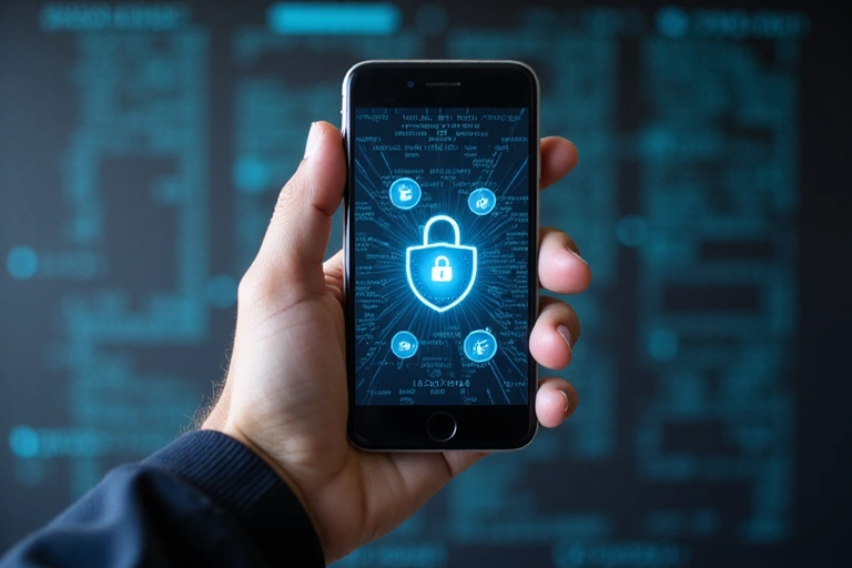 Ręka trzymająca smartfon z ikonami prywatności i kłódką