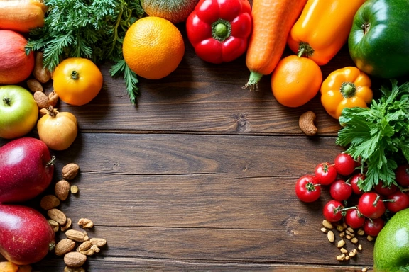 Zdjęcie stołu z różnorodnymi zdrowymi produktami spożywczymi, takimi jak orzechy, nasiona, owoce i warzywa